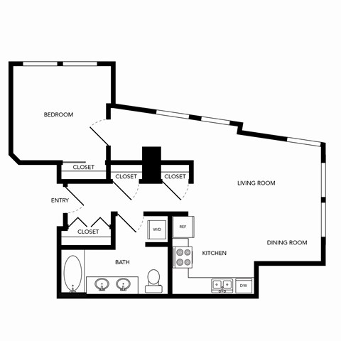 Floor plan for 1 bed, 1 bath, 721 sqft